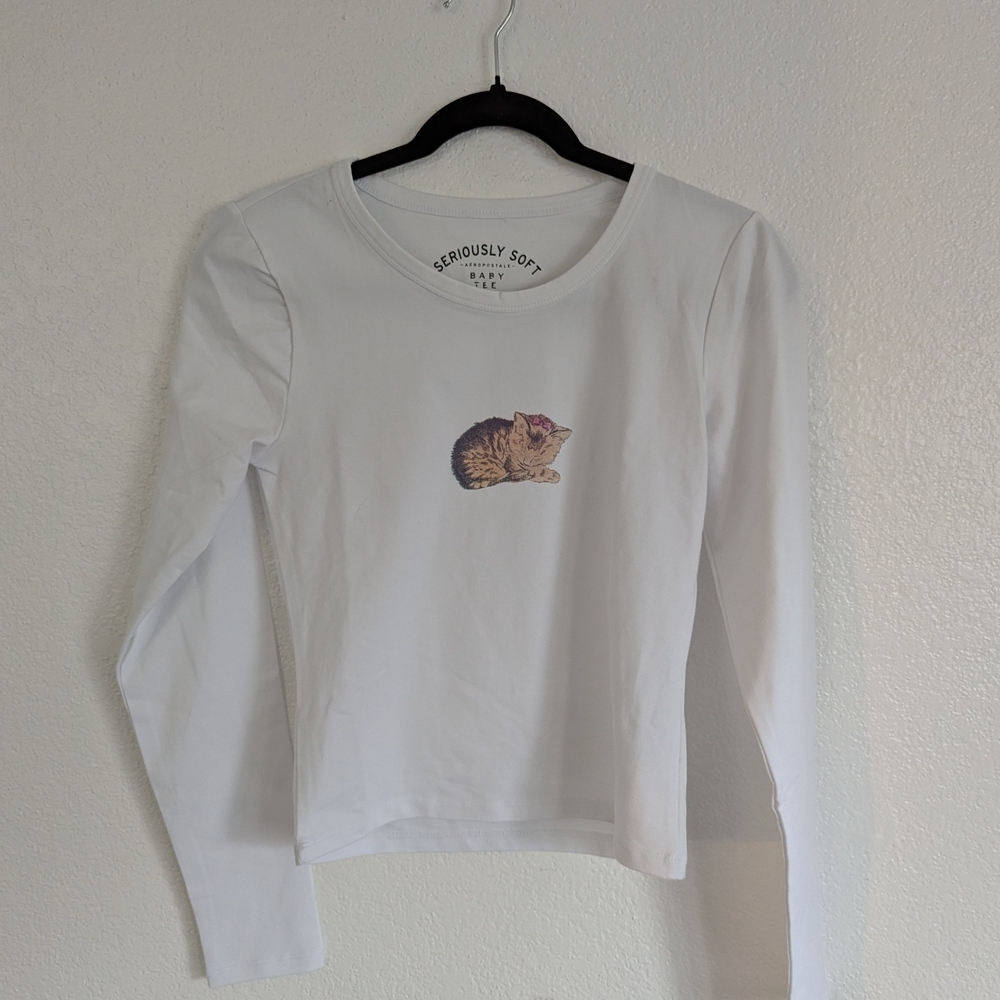 Seriously Soft White Long Sleeve Cat Tee